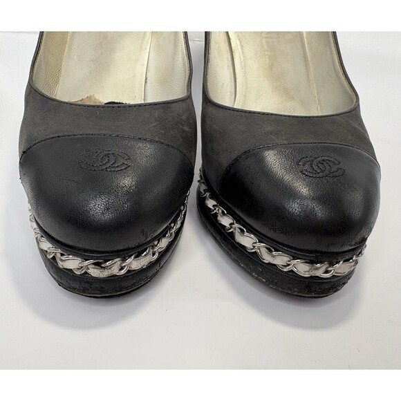 Chanel Black Platform Pumps w/ White Chain Detail Black Suede Cap Toe Heels 36 6 - Picture 6 of 15